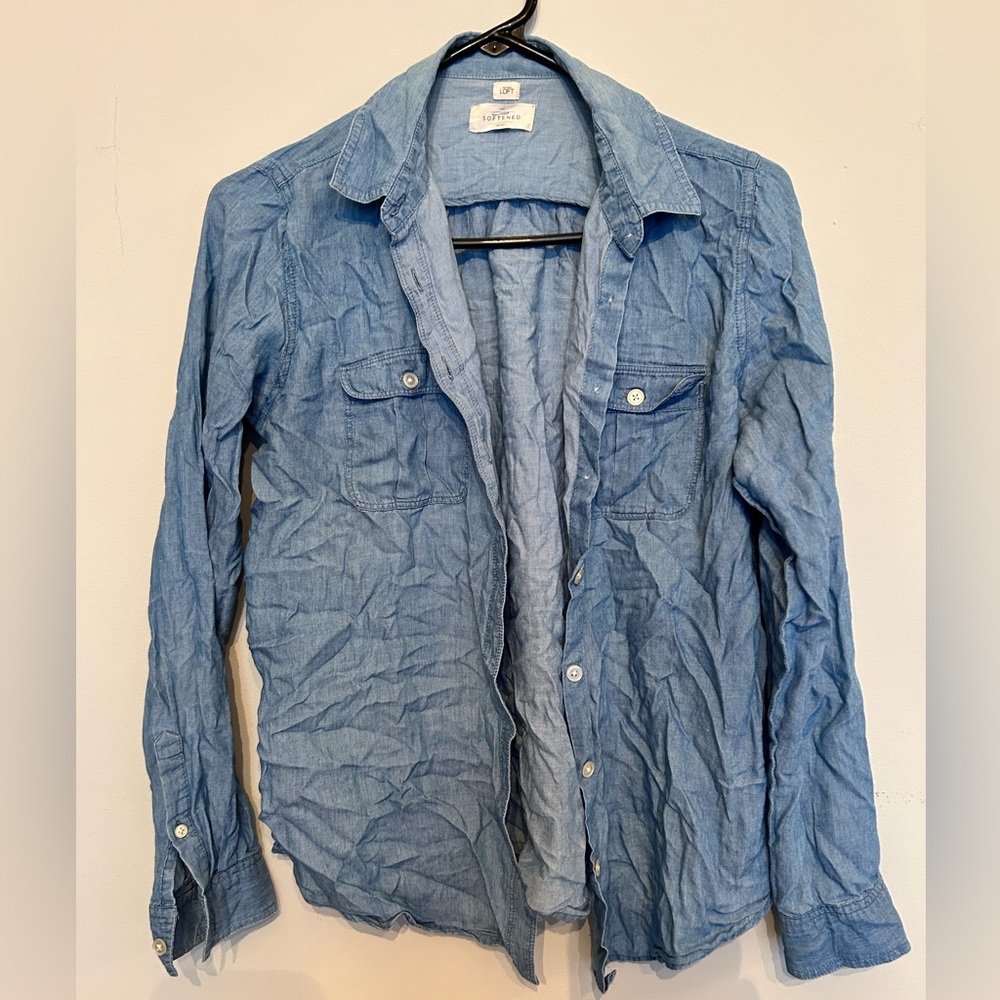 LOFT Blue Chambray Lyocell Long Sleeve Button Down Top S